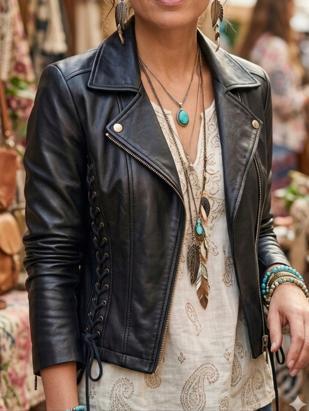 Black Faux Leather Lace-Up Moto Jacket Y2K Grunge Rocker Aesthetic Size M